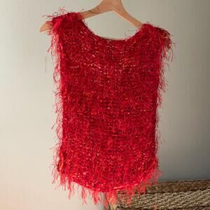 Vtg 00's Handmade Fuzzy Crochet Top Orange Red Y2K Fairycore Boho Festival Tank